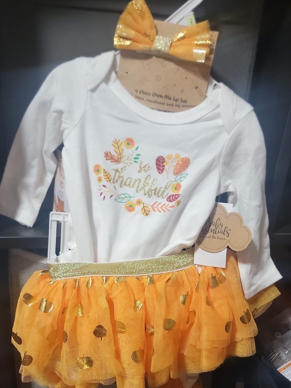 Baby Essentials White & Orange "So Thankful" Onsie W/ Bow, Tutu And Leg Warmers